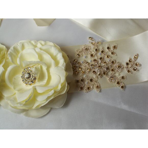 Ivory rhinestone wedding dress belt , flower rhinestone lace bridal dress belt - Picture 3 of 7